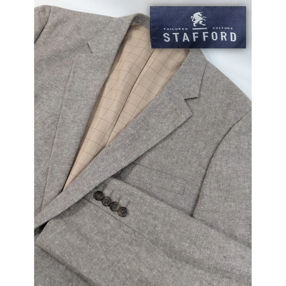 Stafford Sport Coat Blazer Linen Cotton Solid Gray Crosshatch 46R 48